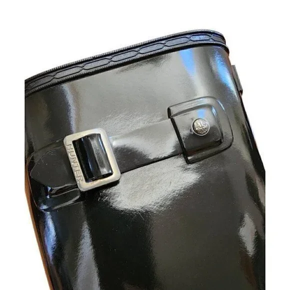 Hunter Womens Tall Gloss Rain Boots 6 Black Rubber Mid Calf Block Buckle New - Picture 6 of 8